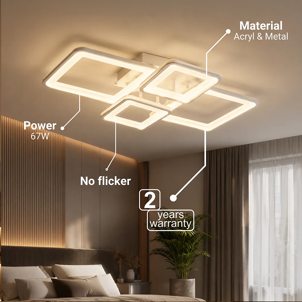 Lustra LED cu Telecomanda, ELLA, 4 Patrate, 85W, Lumina Rece/Calda/Neutra, Dimabila, Alb