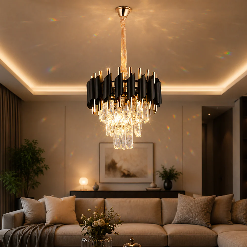 Candelabru Cristal VERSAILLES Petito 3xE14, Diametru 30cm, Auriu Lucios si Negru, Inaltime Reglabila