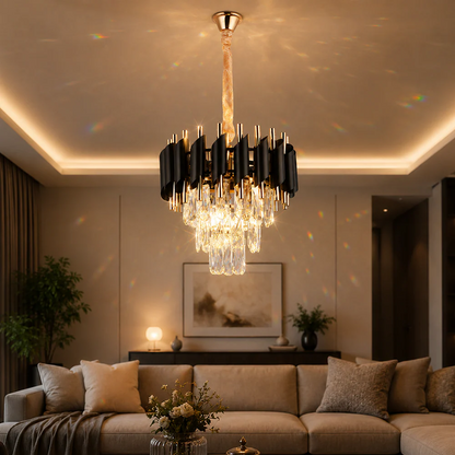 Candelabru Cristal VERSAILLES Petito 3xE14, Diametru 30cm, Auriu Lucios si Negru, Inaltime Reglabila