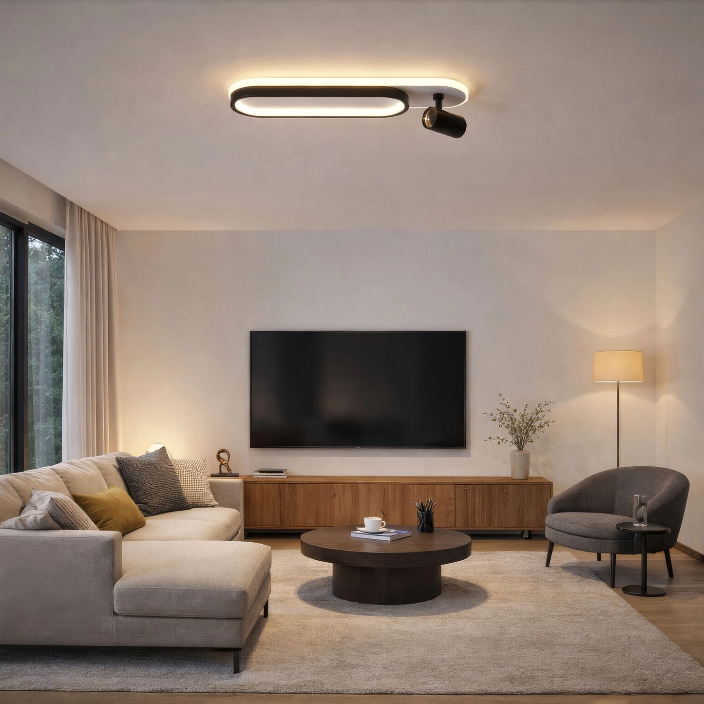 Lustra LED Berta 43W Lumina Rece/Calda/Neutra Proiector Reglabil Acril si Metal Alb si Negru