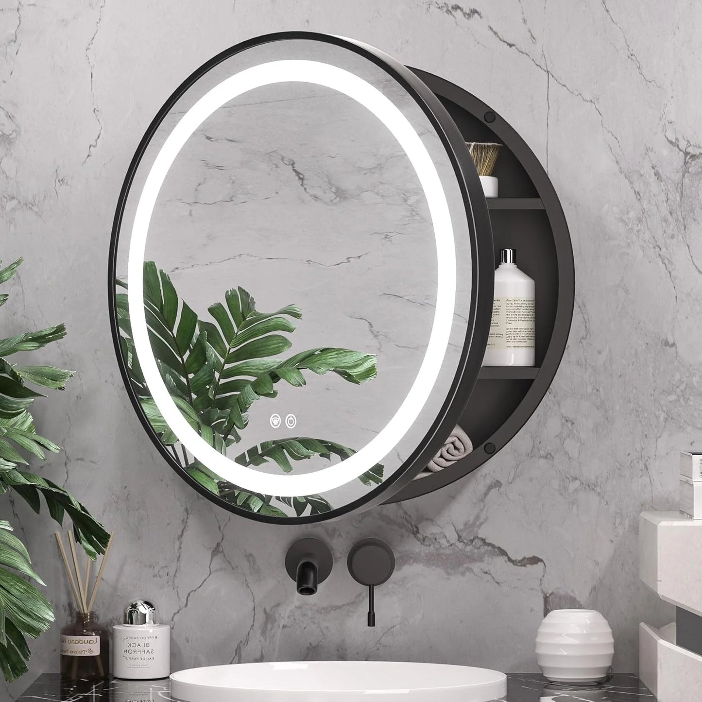 Oglinda LED cu Dulap, Rotunda, 50x50cm, Dezaburire, Rama Neagra, Spatiu de Depozitare