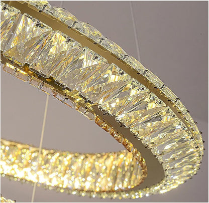Lustra LED cu Telecomanda, LLC132/300GD, Cristal si Metal, 37W, 2 Cerc, Dimabila, 3000K/4000K/6000K, Iluminat Luxos