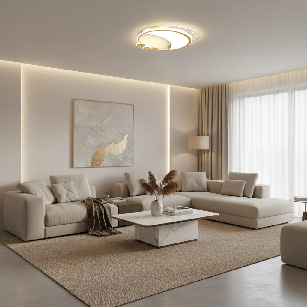 Lustra LED Marco cu Telecomanda, 51W, Dimabila, Auriu, Metal, Acril si Sticla, 3000K/4000K/6000K
