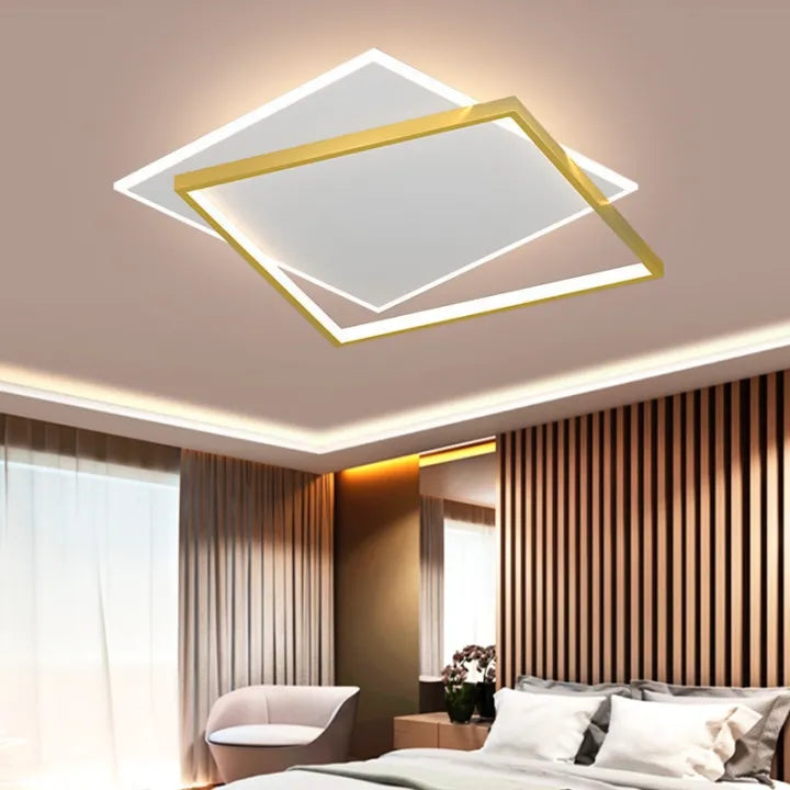 Lustra LED cu telecomanda SOLARA 98W, 2 Patrate, lumina Rece/Calda/Neutra, Dimabila, Auriu Alb