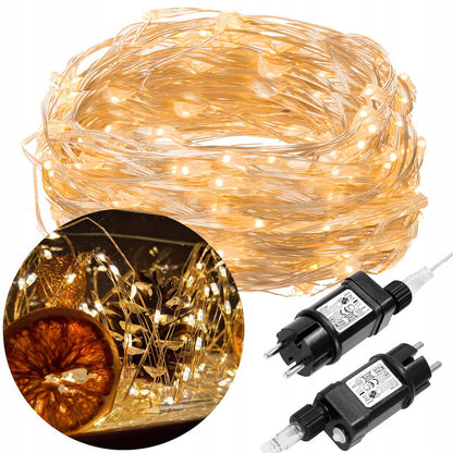 Instalatie lumina decorativa cu 300 LED-uri, 30m, pentru interior/exterior, iluminare galbena