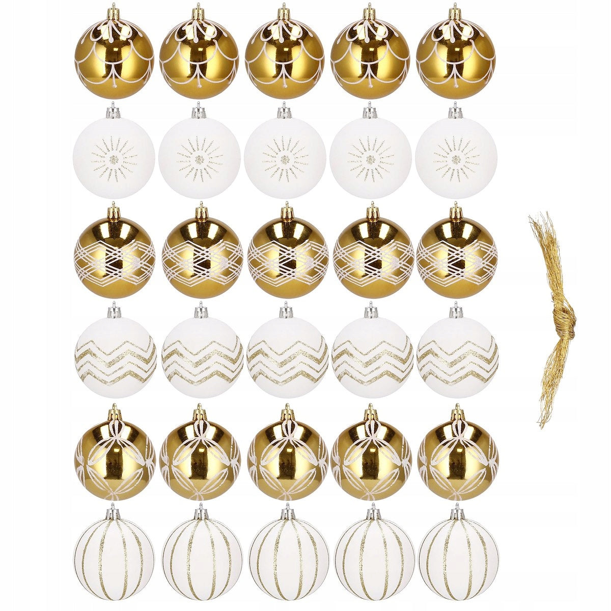 Set globuri de Craciun cu modele de sarbatori, 30 bucati, 7cm, alb auriu