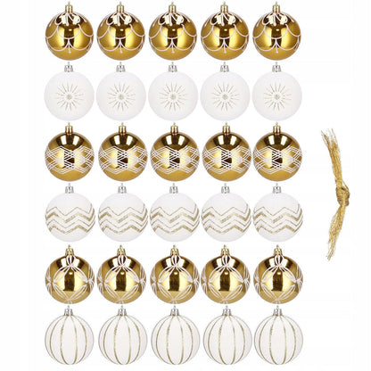 Set globuri de Craciun cu modele de sarbatori, 30 bucati, 5cm, alb auriu