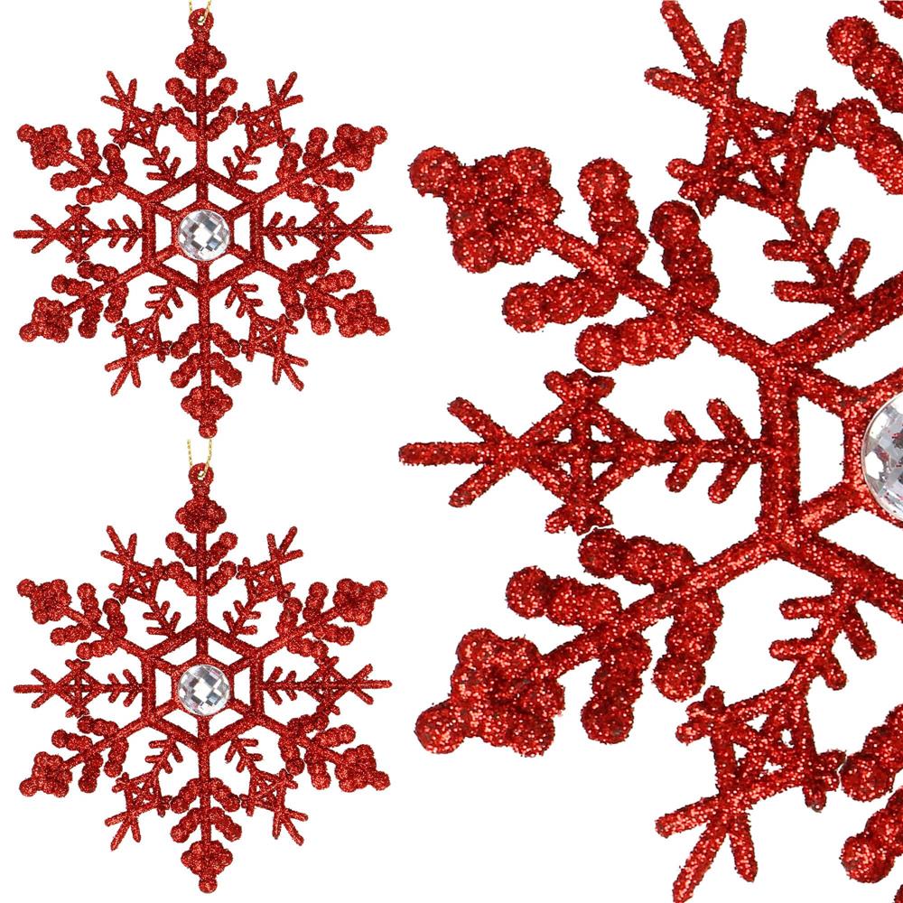 Decoratiune brad fulg de zapada cu cristal, set 2 bucati, 12cm, rosu