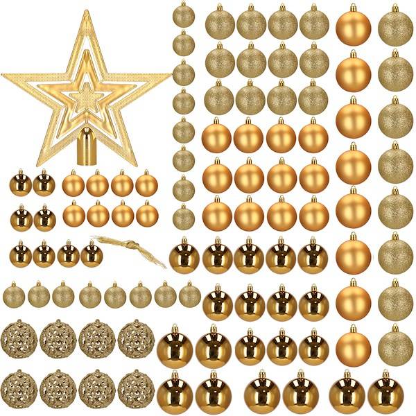 Set globuri si decoratiuni de Craciun, 100 piese, diverse dimensiuni cu stea, auriu