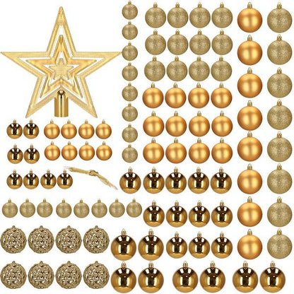 Set globuri si decoratiuni de Craciun, 100 piese, diverse dimensiuni cu stea, auriu