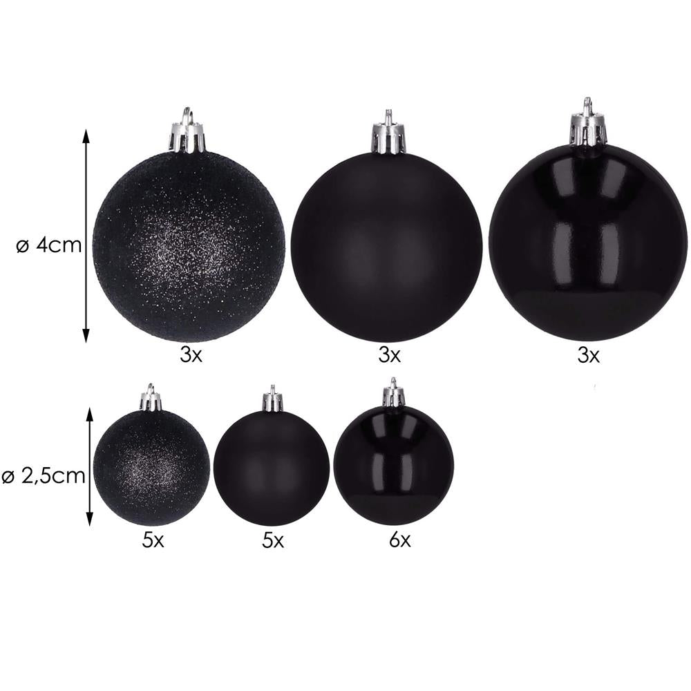 Set globuri de Craciun, 25 bucati, 3 modele, 2,5cm si 4cm, negru