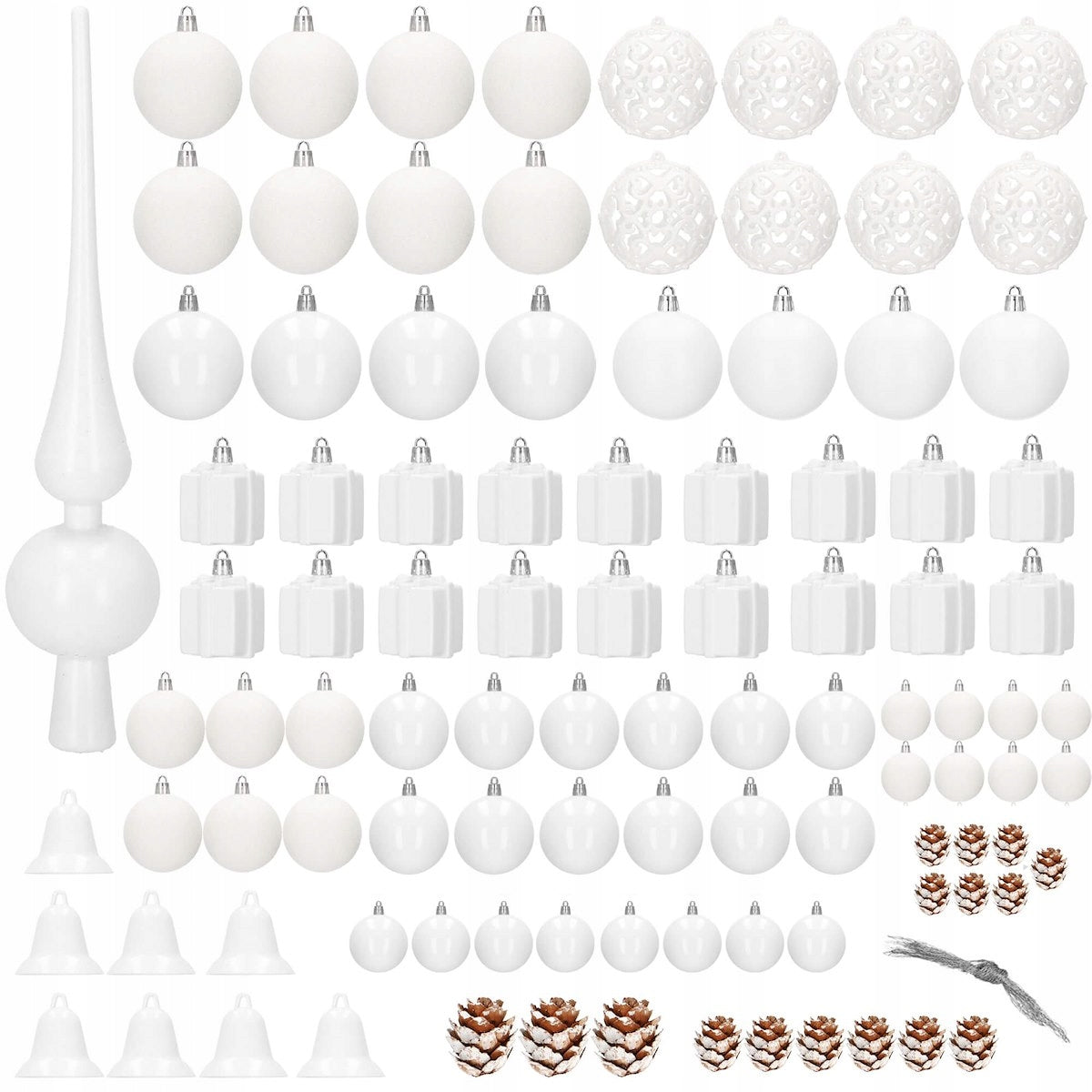 Set globuri si decoratiuni de Craciun, 101 piese, diverse dimensiuni, alb