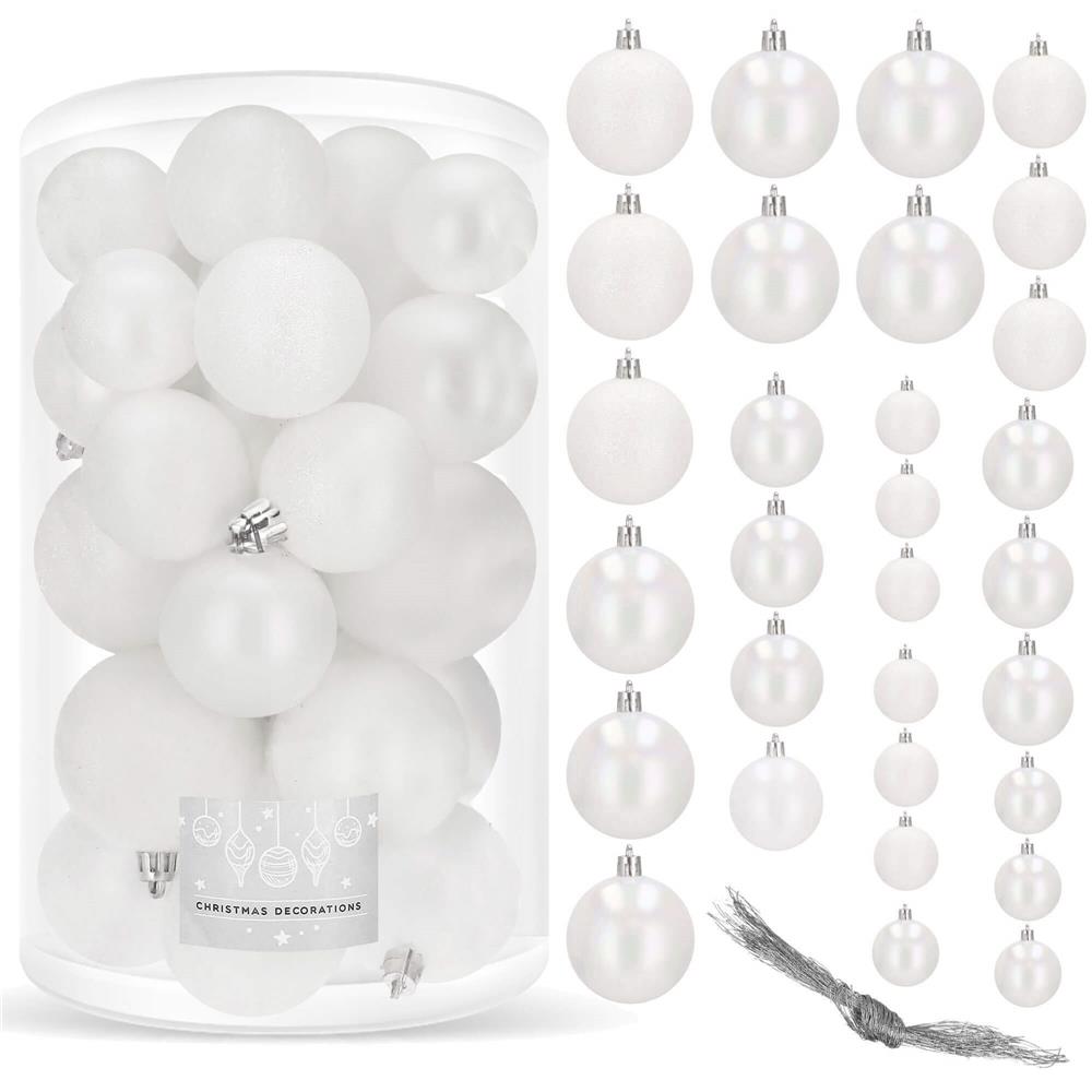 Set globuri de Craciun, 30 bucati, 3 modele, 4/5/6cm, alb