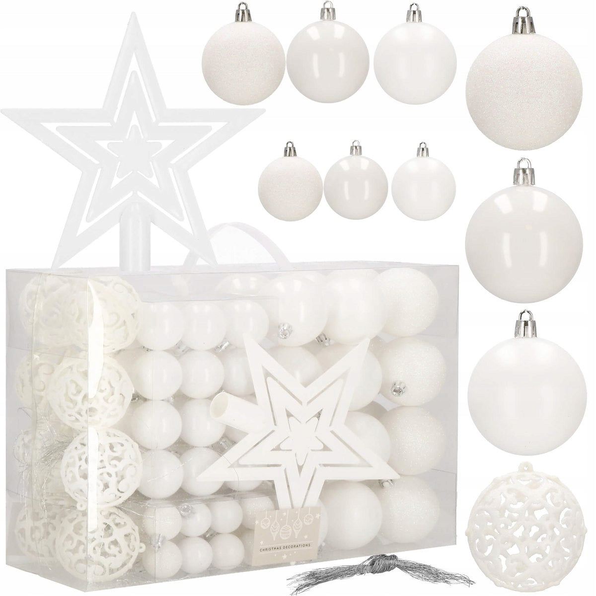 Set globuri si decoratiuni de Craciun, 100 piese, diverse dimensiuni cu stea, alb
