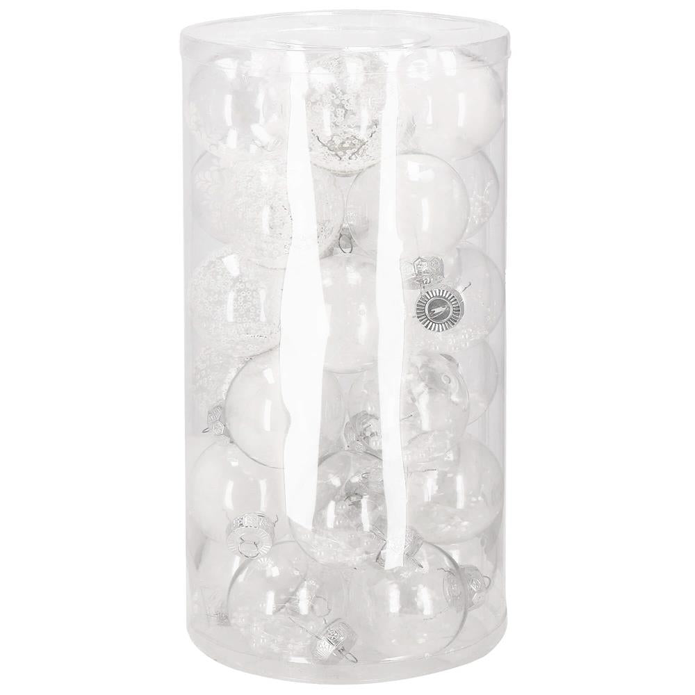 Set globuri de Craciun Inedit, 30 bucati, 7cm, transparente si alb