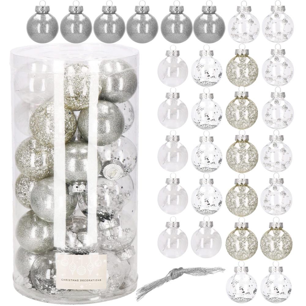 Set globuri de Craciun Inedit, 30 bucati, 6cm, transparente si argintiu