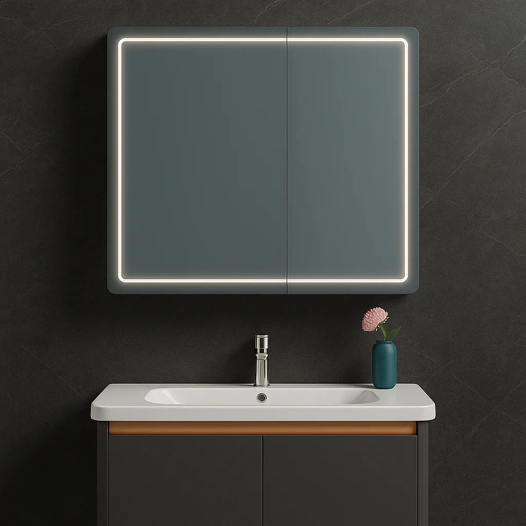Oglinda LED cu Dulap de Baie si Lavoar Suspendat, 80x60 cm, Design Modern, Iluminare Integrata