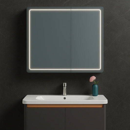 Oglinda LED cu Dulap de Baie si Lavoar Suspendat, 80x60 cm, Design Modern, Iluminare Integrata