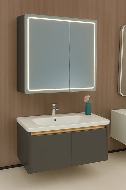 Oglinda LED cu Dulap de Baie si Lavoar Suspendat, 80x60 cm, Design Modern, Iluminare Integrata