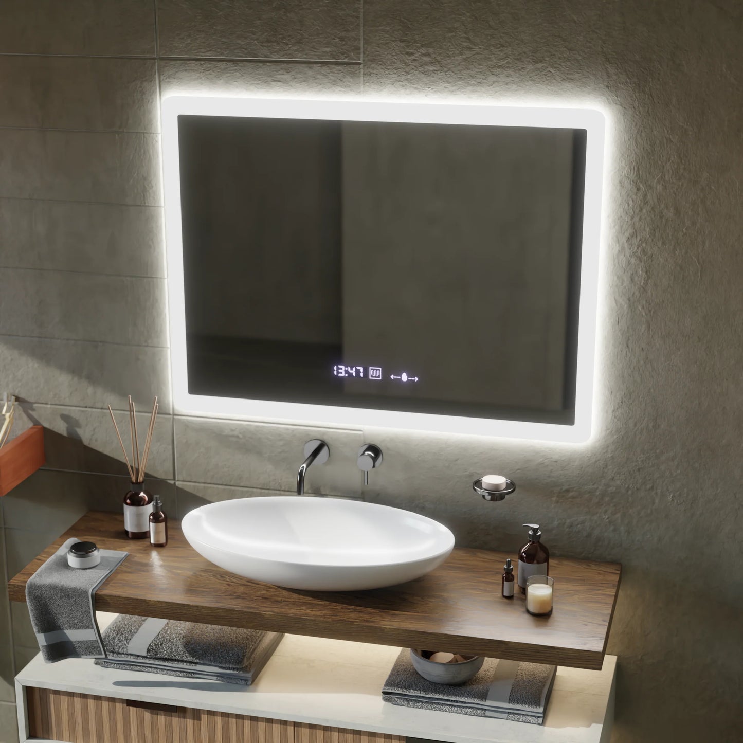 Oglinda LED Rectangulara, 80x60cm, Zampa Senzor MotionGlow Marcello, Sistem Dezaburire, Ceas & Termometru, Dimabila