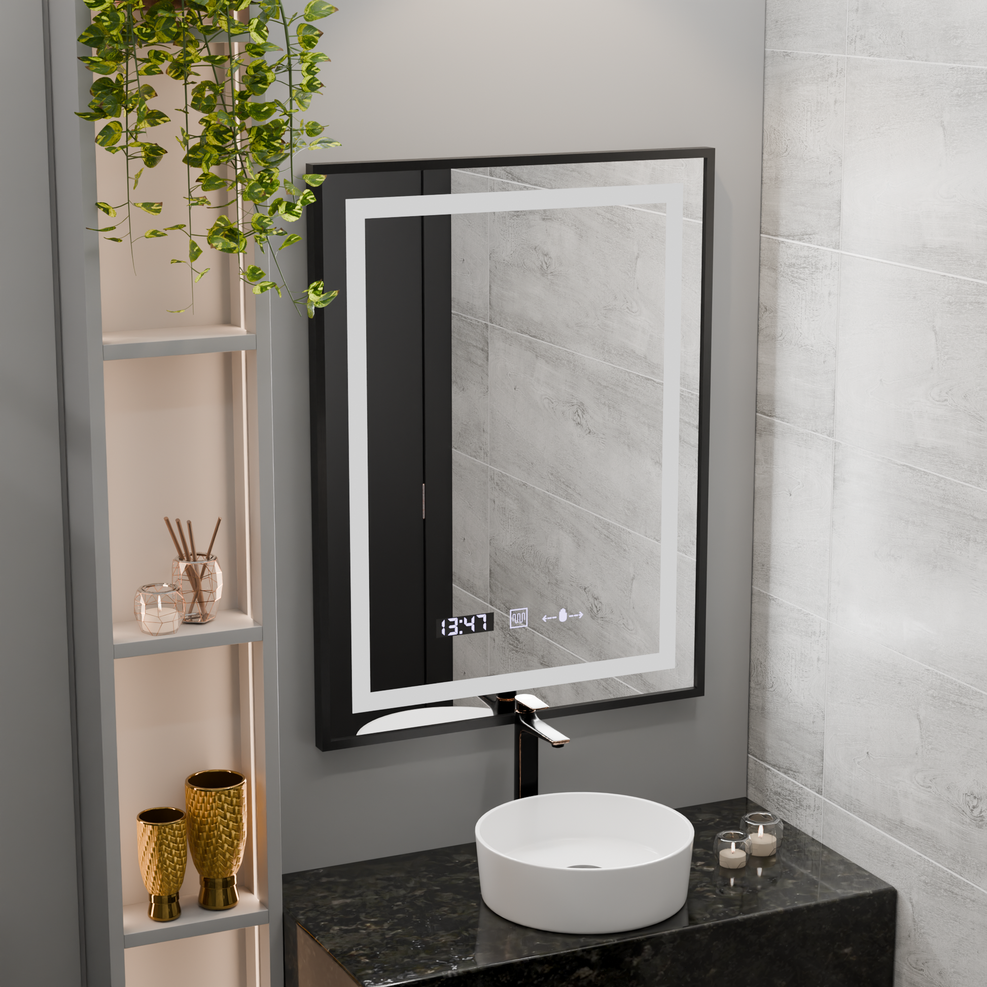 Oglinda LED Rectangulara 60x80 Verite Majeste Noir Motion Glow Marcello, Sistem Dezaburire, Termometru si Ceas, Dimabila