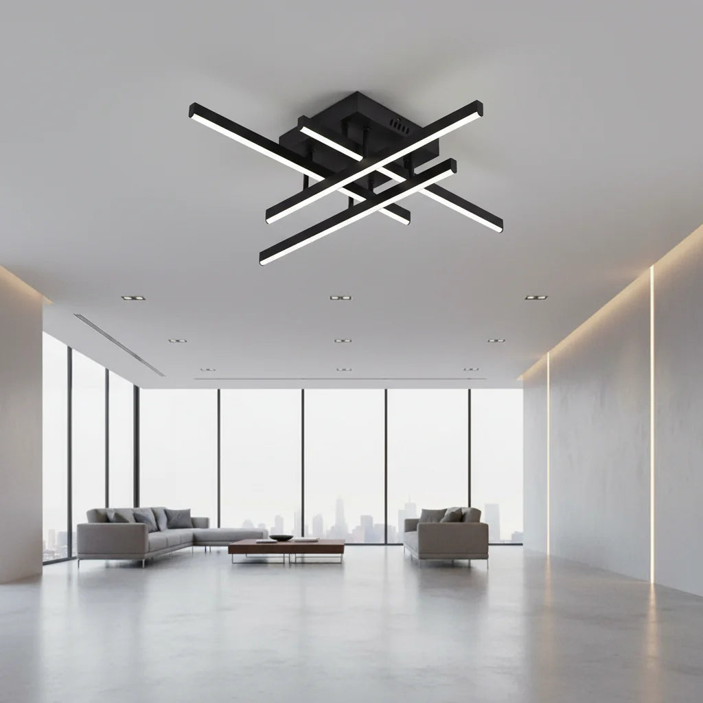 Lustra LED cu Telecomanda LINEX, 43W, 4 Elemente, Liniara, lumina Rece/Calda/Neutra, Dimabila, Negru