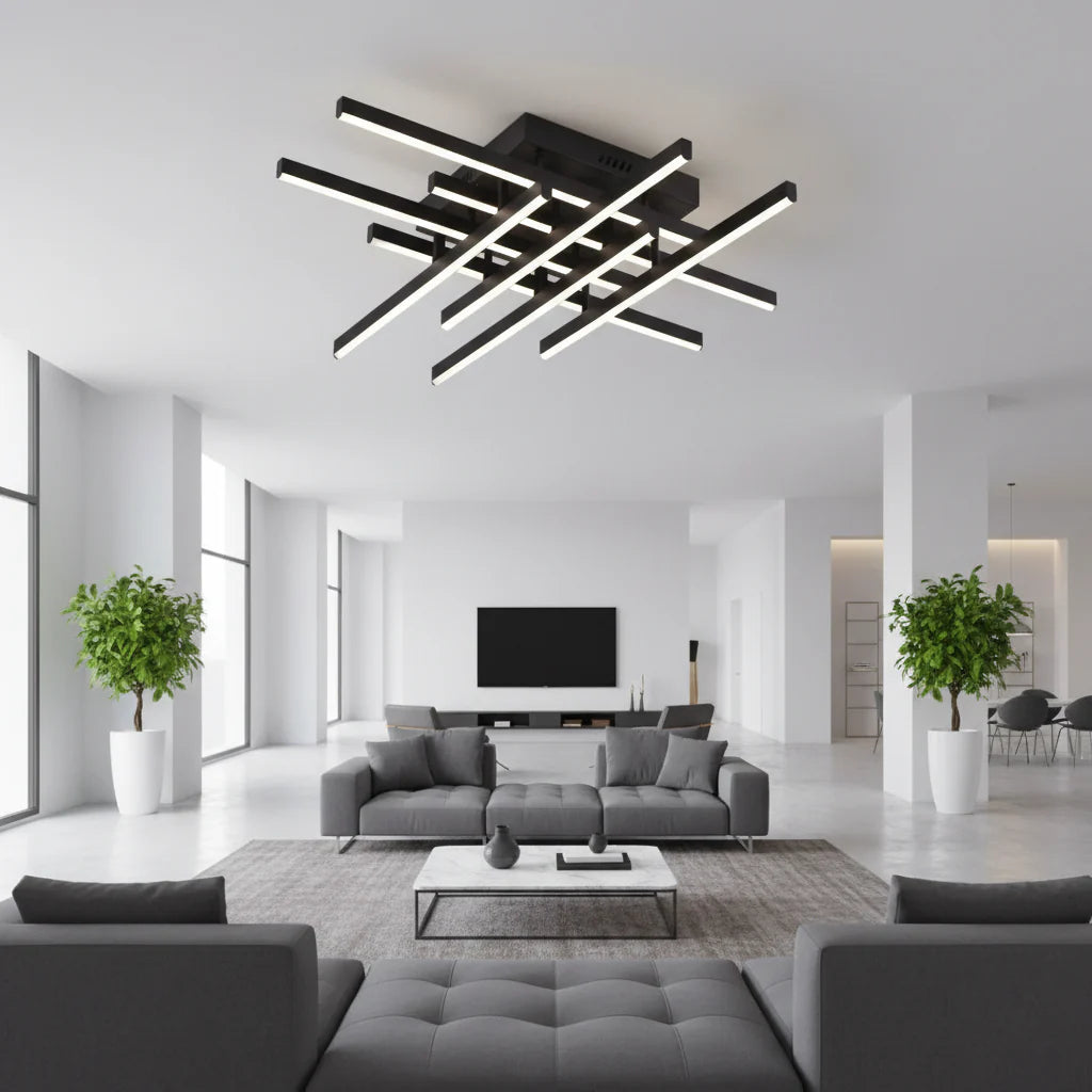 Lustra LED cu Telecomanda LINEX, 90W, 8 elemente, Lumina Rece/Calda/Neutra, Dimabila, Negru
