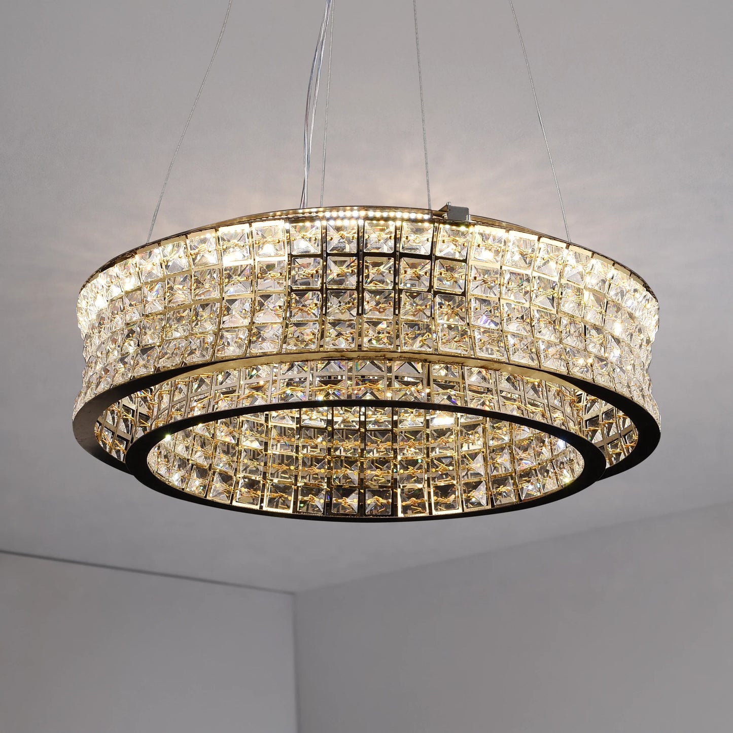 Lustra LED cu Telecomanda,LLC160/500GD, Cristal si Metal, 55W, Dimabila, Inaltime Reglabila, Lumina Rece/Calda/Neutra, Iluminat Luxos