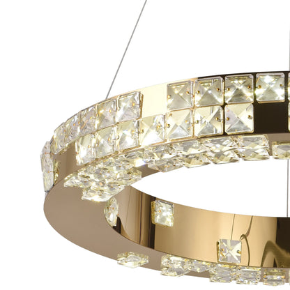 Lustra LED cu Telecomanda, LLC135/2GD, Cristal si Metal, 55W, 2 Cerc, Dimabila, Inaltime Reglabila, Lumina Rece/Calda/Neutra 3000K/4000K/6000K, Iluminat Luxos