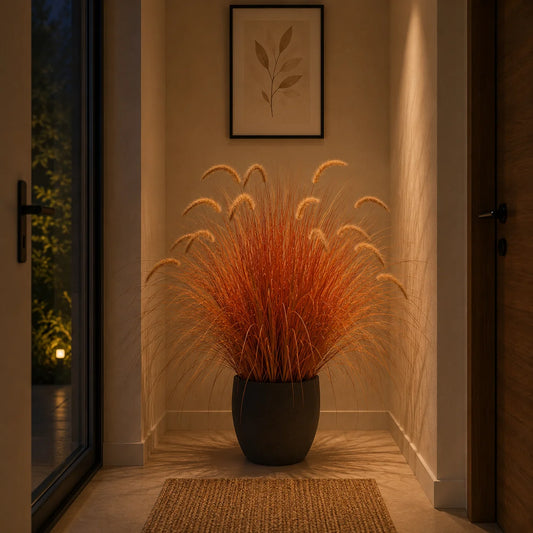 Planta Artificiala Iarba Ornamentala Tip Coada de Vulpe, 100 cm, Iarba Curbata cu Spice, Galben si Portocaliu, Fara Ghiveci