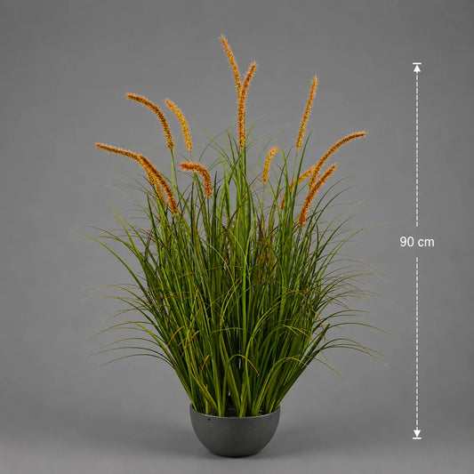 Planta Artificiala Iarba Ornamentala Tip Coada de Pisica, 90cm, 13 tulpini, Iarba curbata si Spice, Verde Tomnal, Fara Ghiveci