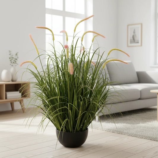 Planta Artificiala Iarba Ornamentala Tip Coada de Pisica, 90 cm, 13 tulpini, Iarba curbata si Spice, Verde, Fara Ghiveci