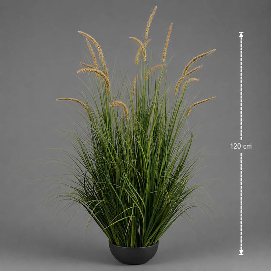 Planta Artificiala Iarba Ornamentala Tip Coada de Pisica, 120cm, 17 tulpini, Iarba curbata si Spice, Verde Tomnal, Fara Ghiveci