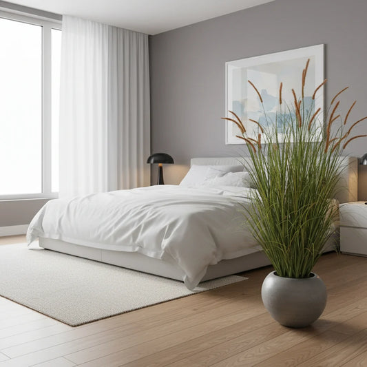 Planta Artificiala Iarba Ornamentala Tip Coada de Pisica, 150cm, 26 tulpini, Iarba curbata si Spice, Verde Tomnal, Fara Ghiveci