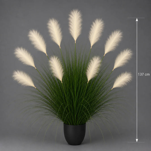 Planta Artificiala Iarba Ornamentala, 137 cm, 11 tulpini, Stuf si Iarba, Verde deschis si Alb, Fara Ghiveci