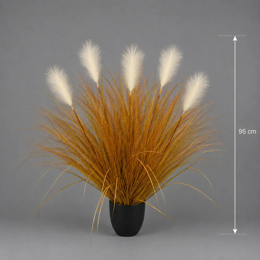 Planta Artificiala Iarba Ornamentala, 95 cm, 5 tulpini, Stuf si Iarba, Portocaliu, Fara Ghiveci