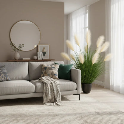 Planta Artificiala Iarba Ornamentala, 110 cm, 9 tulpini, Stuf si Iarba, Verde deschis si alb, Fara Ghiveci