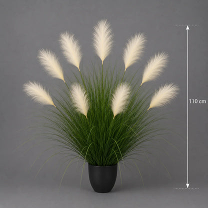 Planta Artificiala Iarba Ornamentala, 110 cm, 9 tulpini, Stuf si Iarba, Verde deschis si alb, Fara Ghiveci