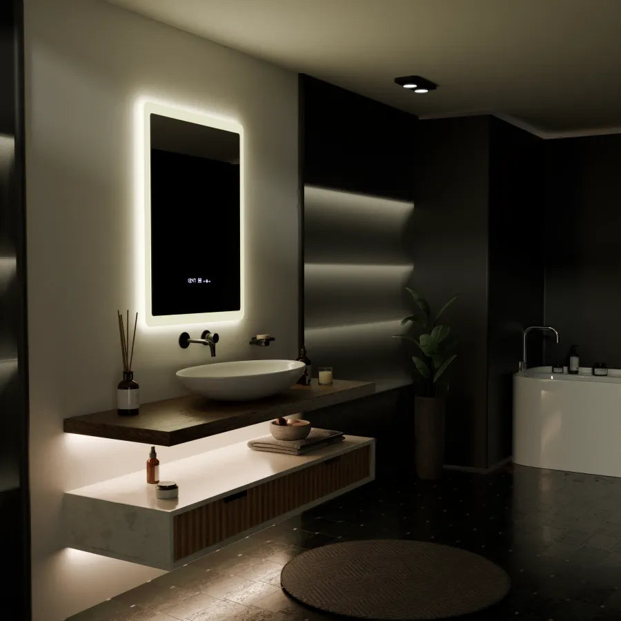 Oglinda LED Rectangulara, 60x80cm, Pugliesi Senzor MotionGlow Marcello, Sistem Dezaburire, Ceas & Termometru, Dimabila