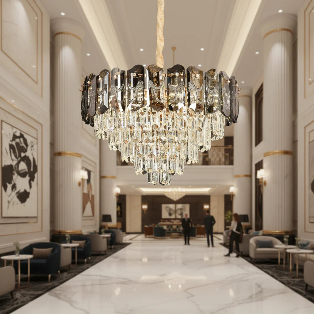 Candelabru Cristal AURUM Eleganza 9xE14, Diametru 50cm, Inaltime 35cm, Auriu Lucios, Inaltime Reglabila, Design Elegant