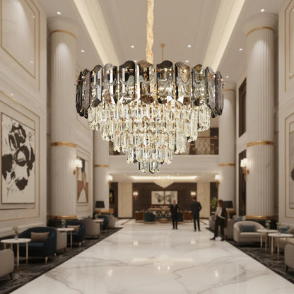 Candelabru Cristal AURUM Eleganza 9xE14, Diametru 50cm, Inaltime 35cm, Auriu Lucios, Inaltime Reglabila, Design Elegant