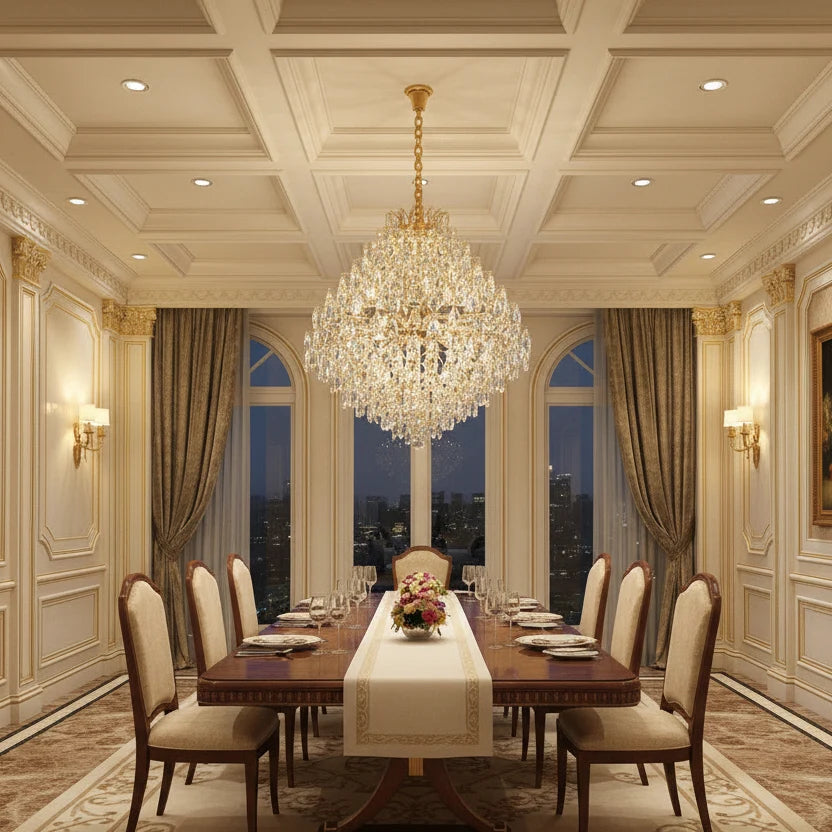 Candelabru Cristal KONIG Supremo, 24xE14, D100 cm, Auriu, Inaltime Reglabila, Metal si Cristal