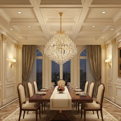 Candelabru Cristal KONIG Supremo, 24xE14, D100 cm, Auriu, Inaltime Reglabila, Metal si Cristal