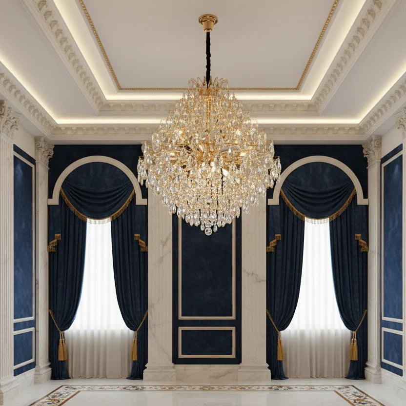 Candelabru Cristal KONIG Supremo, 24xE14, D100 cm, Auriu, Inaltime Reglabila, Metal si Cristal