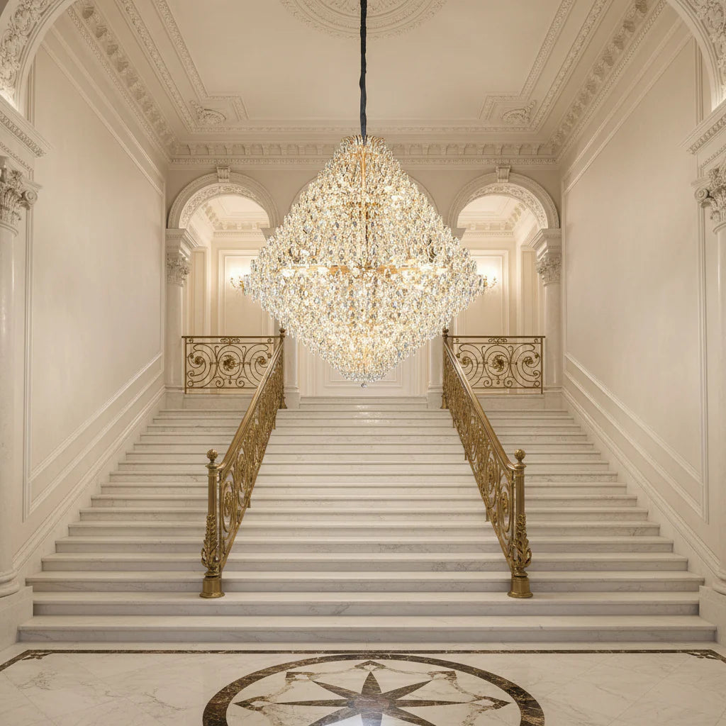 Candelabru Cristal KONIG Grande Supremo, 54xE14, D150 cm, Auriu, Inaltime Reglabila, Metal si Cristal