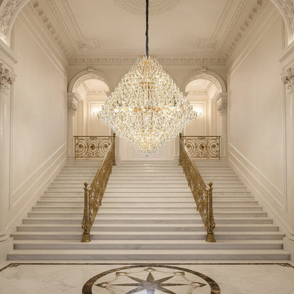 Candelabru Cristal KONIG Grande Supremo, 54xE14, D150 cm, Auriu, Inaltime Reglabila, Metal si Cristal