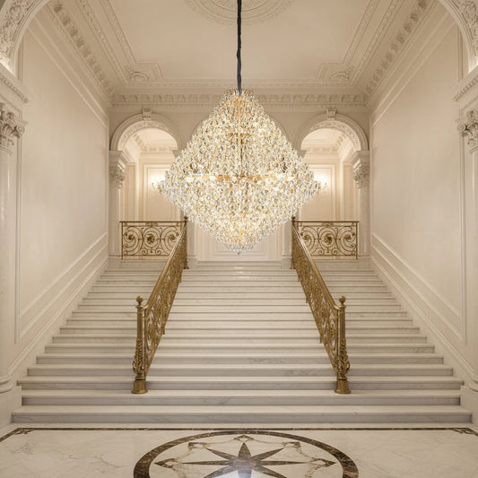 Candelabru Cristal KONIG Grande Supremo, 54xE14, D150 cm, Auriu, Inaltime Reglabila, Metal si Cristal