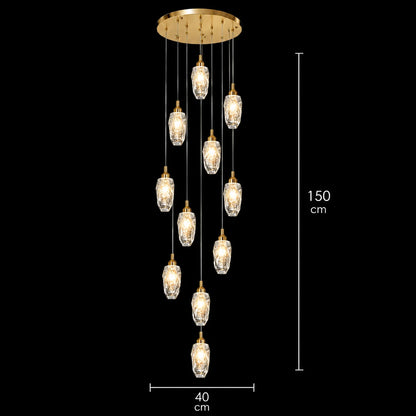 Candelabru Cristal AROHA LED cu Telecomanda, Suspendat, 12 Surse, 36W, Diametru 40cm, Lumina Calda / Neutra / Rece, Inaltime Reglabila, Auriu, Metal si Cristal