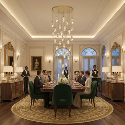 Candelabru Cristal AROHA LED cu Telecomanda, Suspendat, 30 Surse, 90W, Lumina Calda/Neutra/Rece, Diametru 60cm, Inaltime Reglabila, Auriu, Metal si Cristal