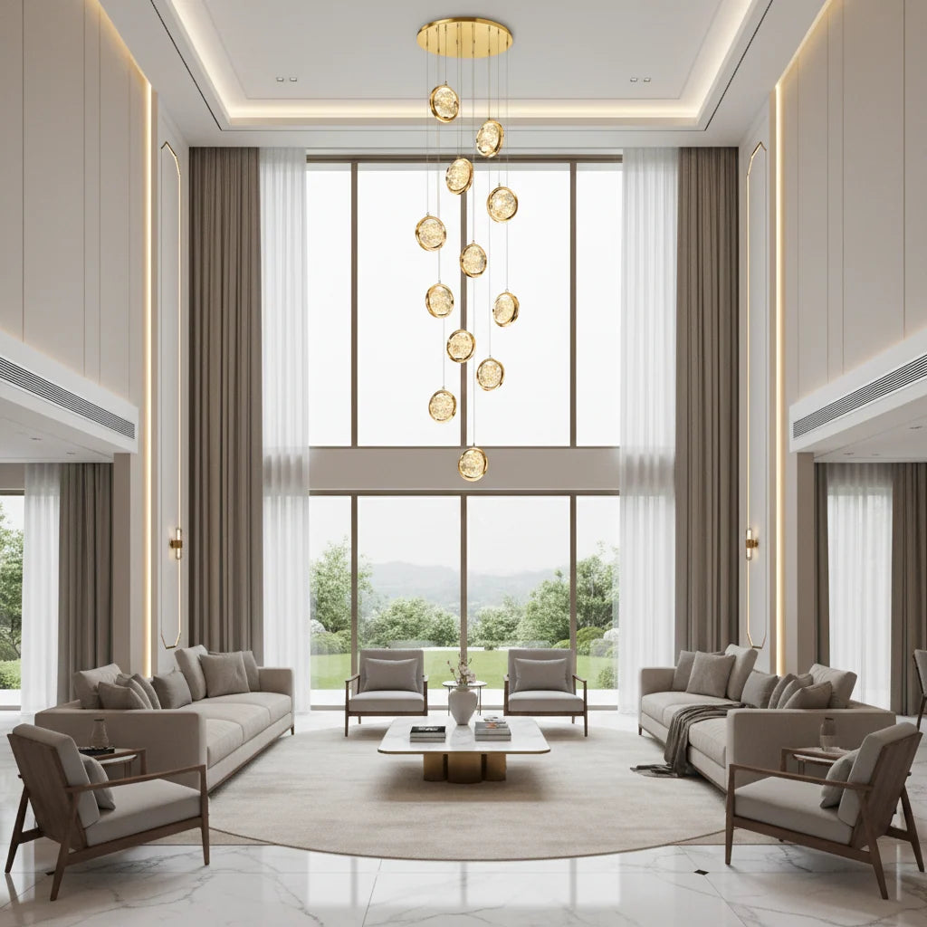 Candelabru Cristal FRAME LED cu Telecomanda, Suspendat, 12 Surse, 36W, Diametru 40cm, Lumina Calda / Neutra / Rece, Inaltime Reglabila, Auriu, Metal si Cristal